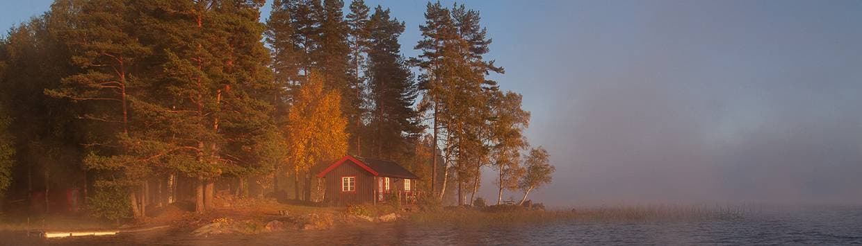 Fritidshus i utkanten av en skog, på en udde i solnedgång.